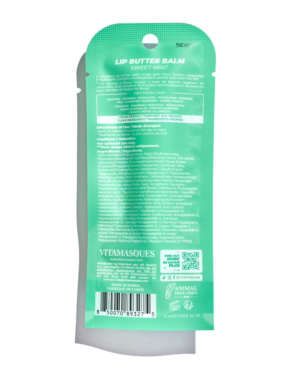 Vitamasques Bálsamo Labial Menta Dulce, hidratación prolongada para labios sensibles.