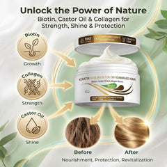 Mascarilla de keratina de VITAMINS con textura cremosa que deja el cabello suave.