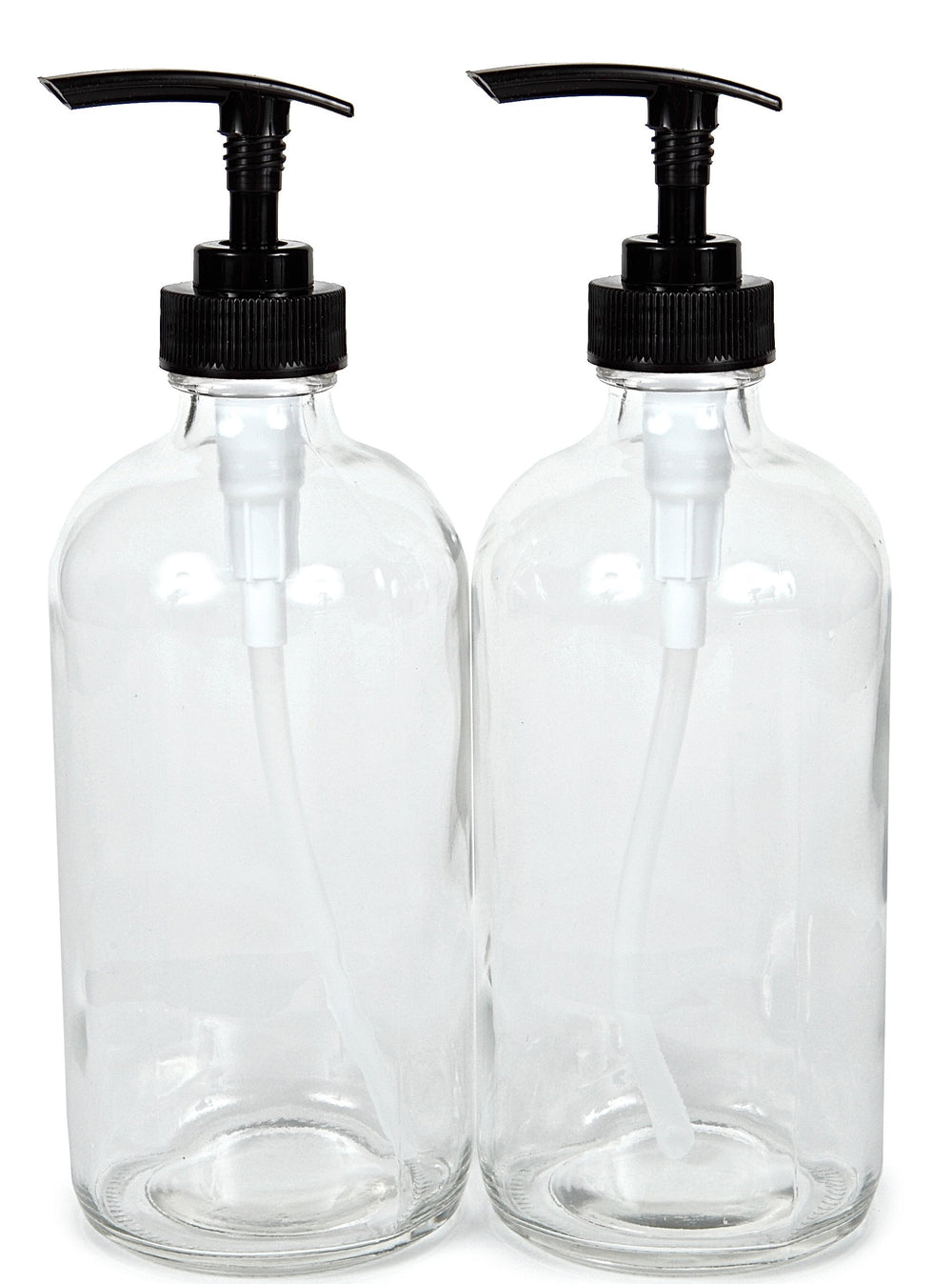 Vivaplex: botella de vidrio claro de 16 onzas con bomba negra, ideal para lociones.