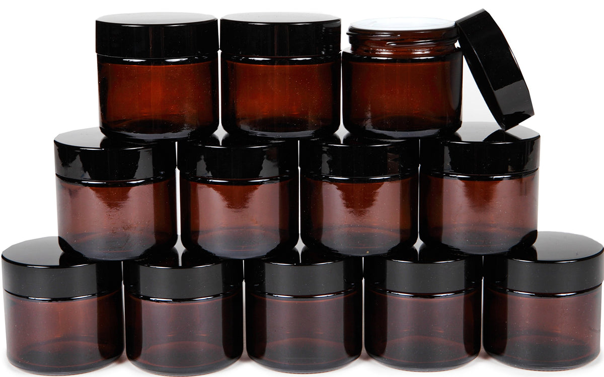 Vivaplex frascos ámbar 2oz redondos con forro interior y tapa negra para sellado seguro.