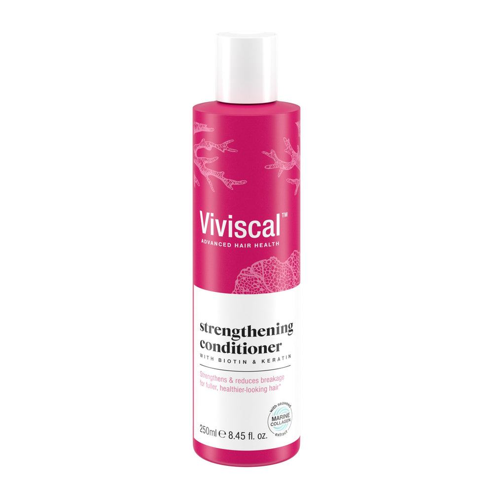 Acondicionador Viviscal Fortalecimiento, botella visible, cabello más nutrido y manejable.