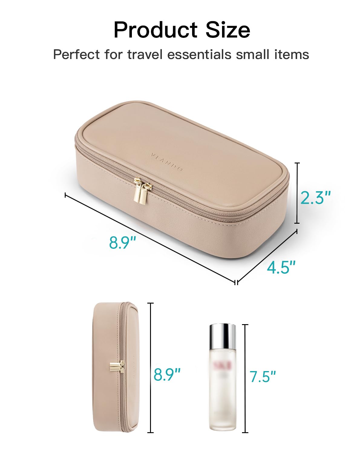Vlando bolsa maquillaje de viaje, apertura 180 grados para retoques rápidos.