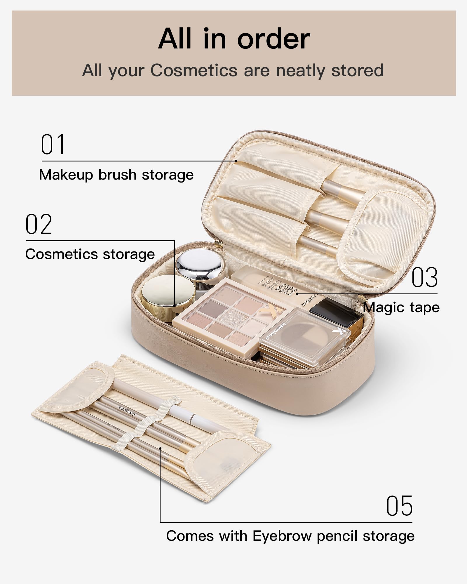 Vlando bolsa maquillaje de viaje, espacio para brochas para pinceles ordenados.