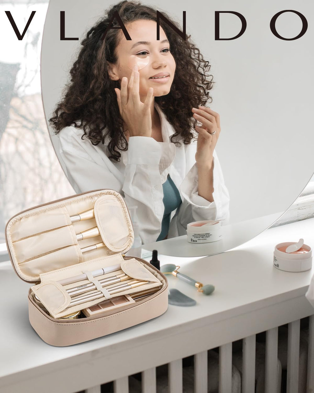Vlando bolsa maquillaje de viaje, uso diario para ordenar productos esenciales.