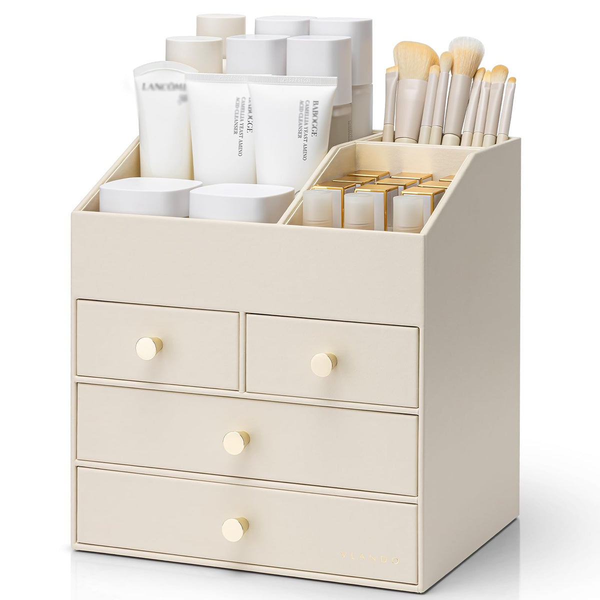 Vlando organizador de maquillaje en cuero PU, vista frontal con cajones grandes para accesorios.