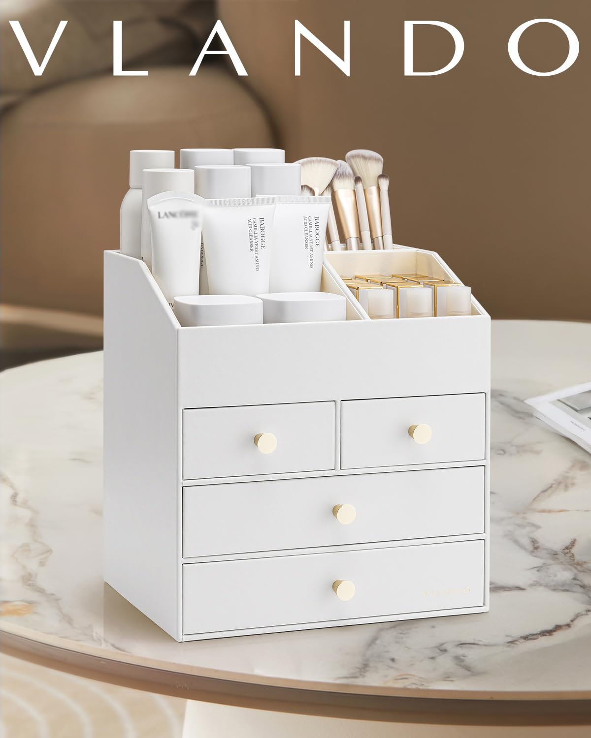 Vlando organizador optimiza espacio diario de maquillaje.