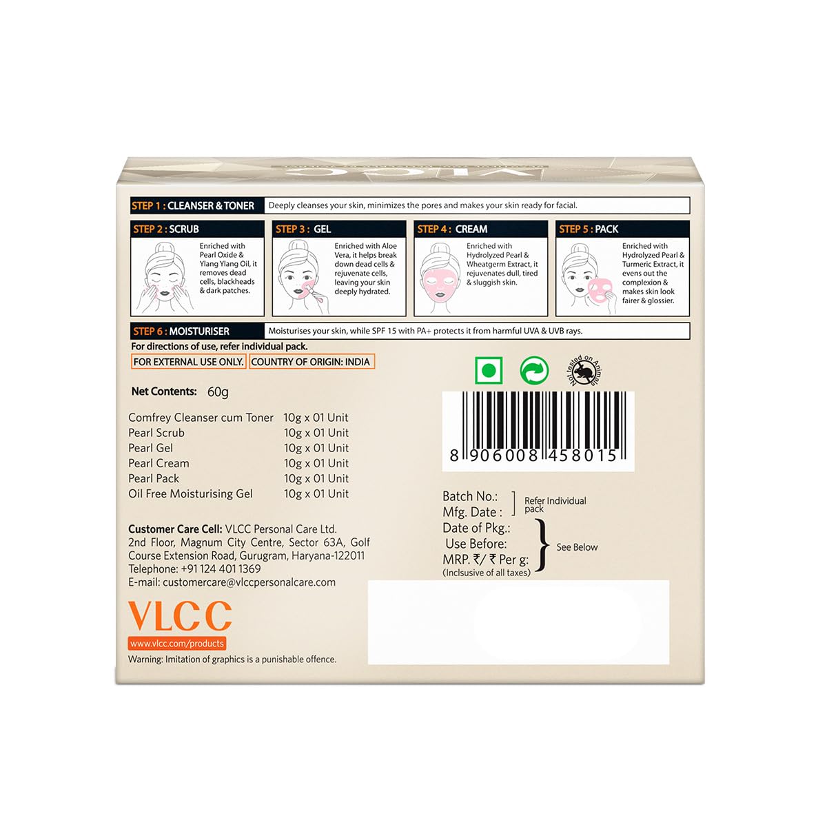 VLCC Pearl Facial Kit facilita la rutina diaria de cuidado de la piel.