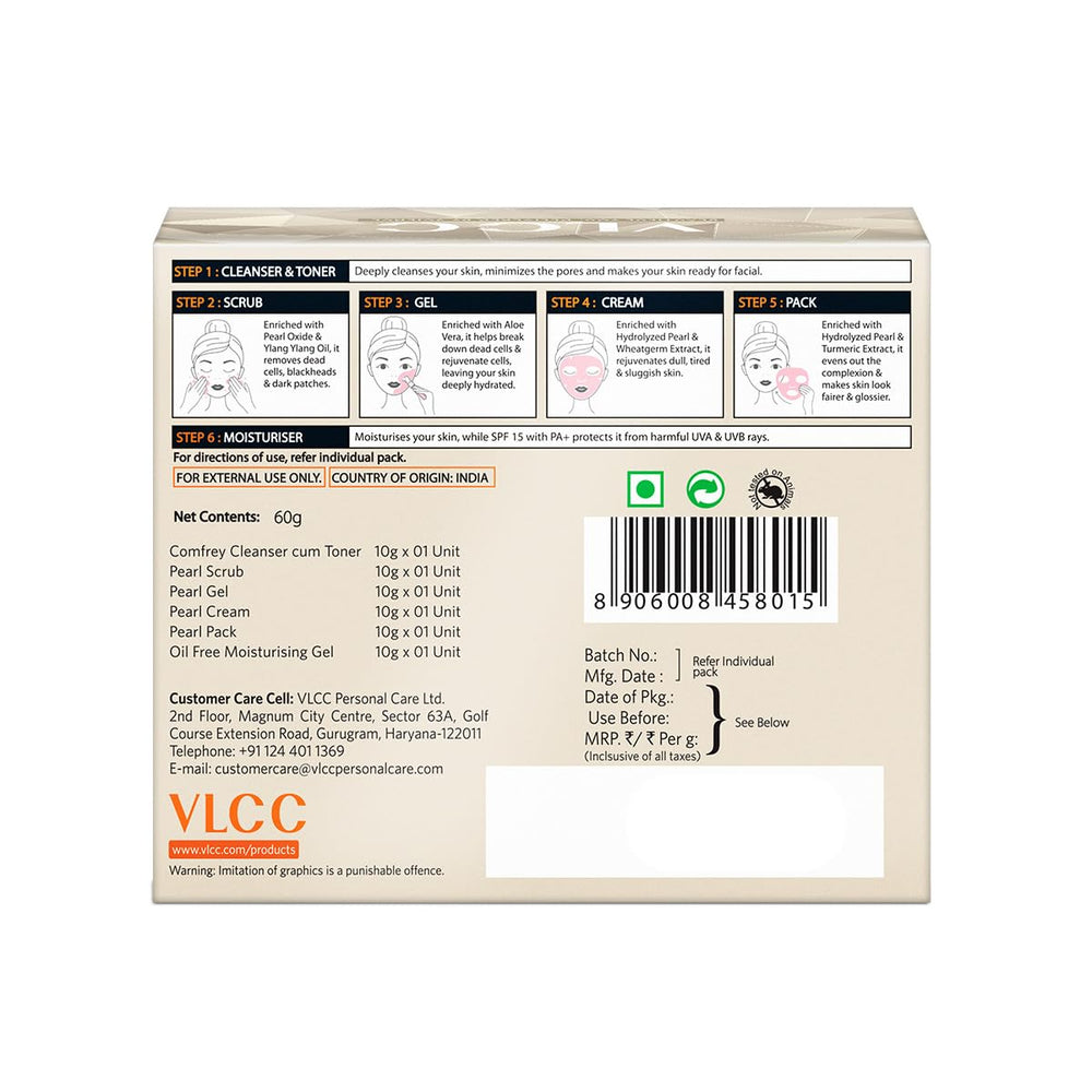 VLCC Pearl Facial Kit facilita la rutina diaria de cuidado de la piel.