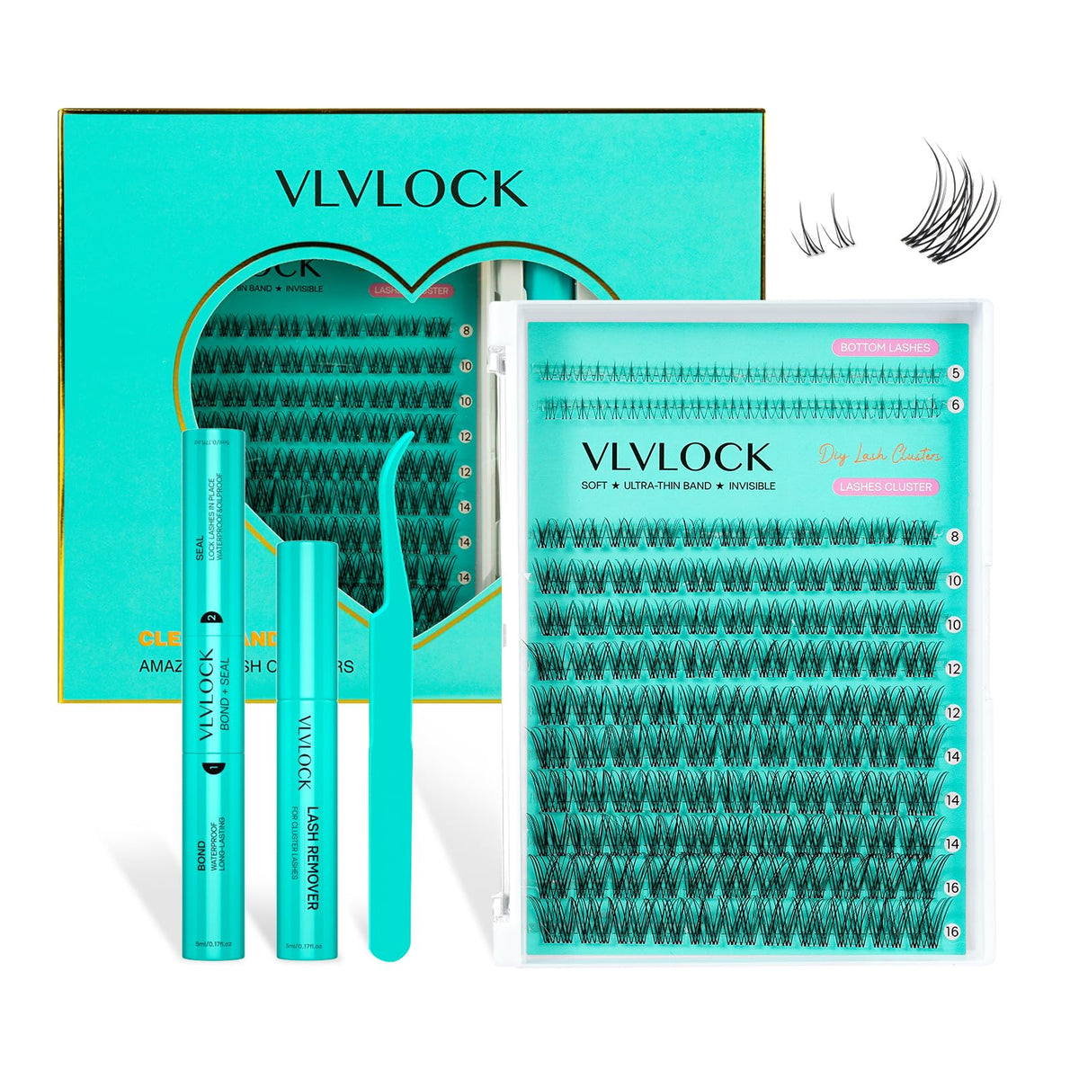 VLVLOCK kit de pestañas cluster con banda clara para apariencia natural.