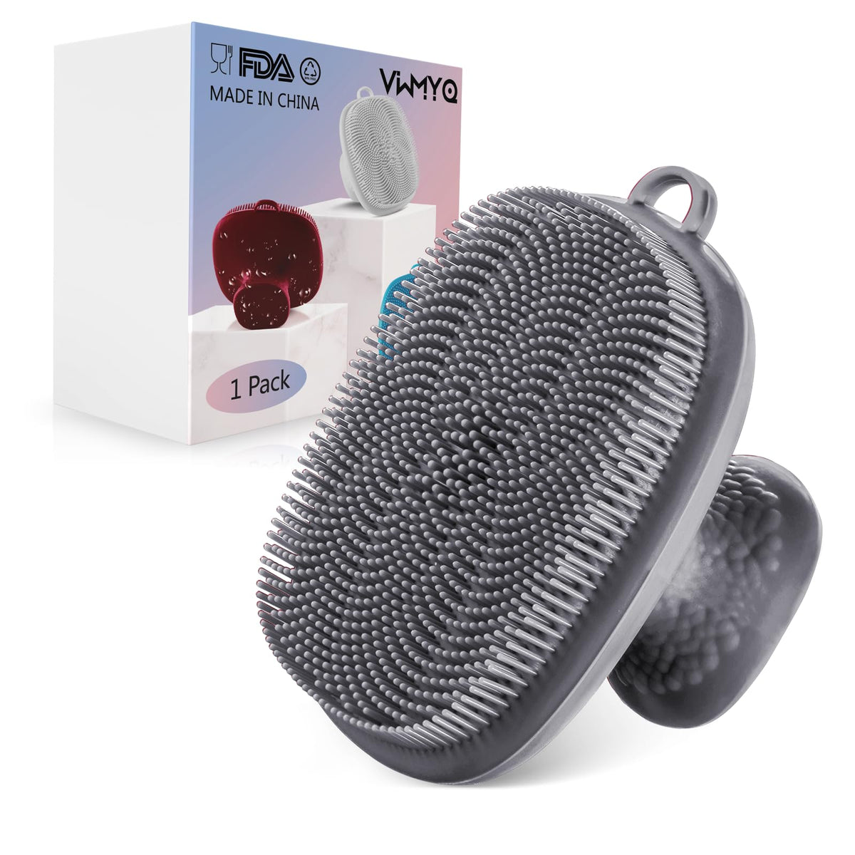 VWMYQ cepillo facial silicona gris en la mano, limpieza suave de poros y exfoliación.
