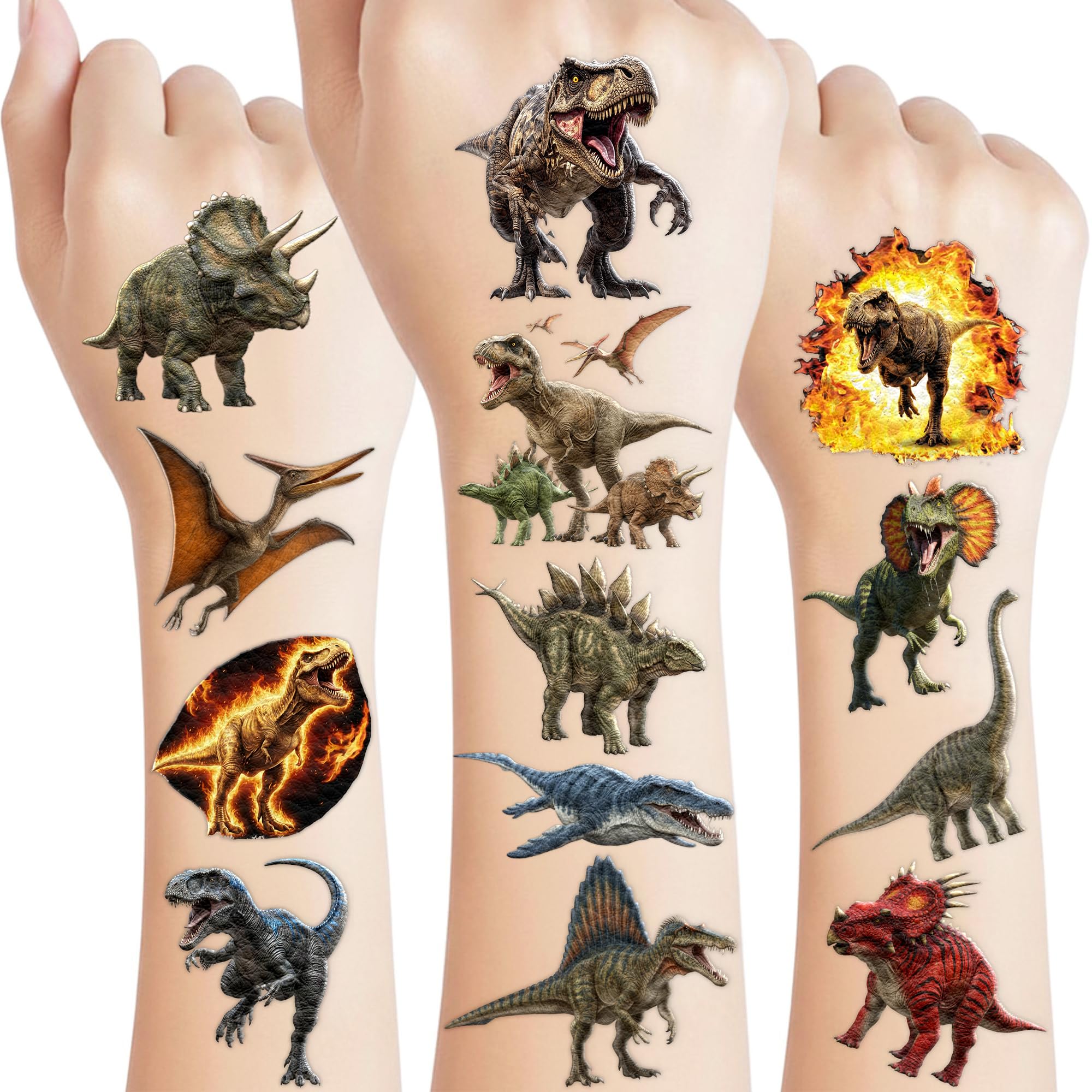 Tatuajes dinosaurios de VNXCRAFTIES con hojas variadas para diversión en fiestas infantiles.