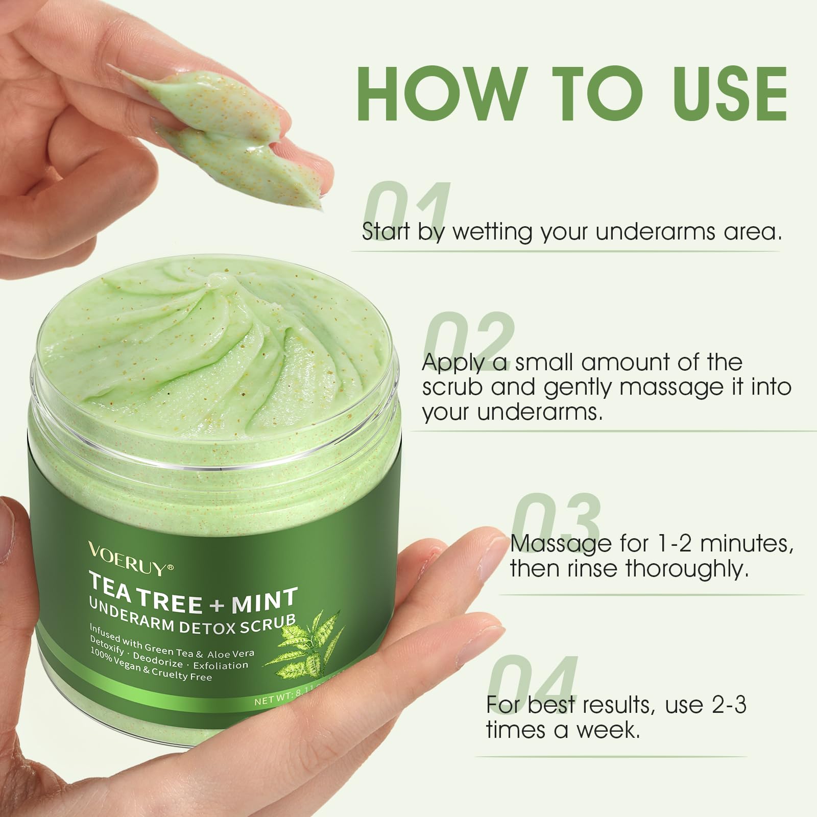 VOERUY Detalle de granulos de nuez para exfoliación suave.