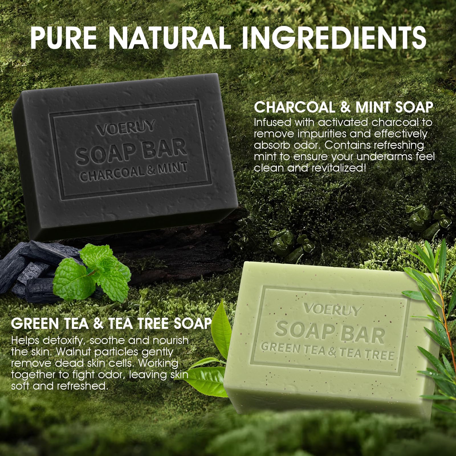 VOERUY jabón detox carbón activado y menta para limpieza profunda.