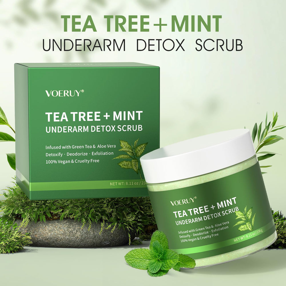 VOERUY Exfoliante VOERUY para axilas con nuez y menta en detalle.