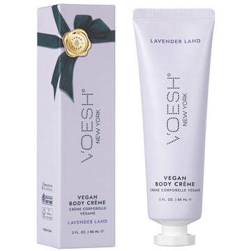VOESH crema vegana Velvet Luxe, botella-lavanda-3oz para hidratación suave de manos y cuerpo.
