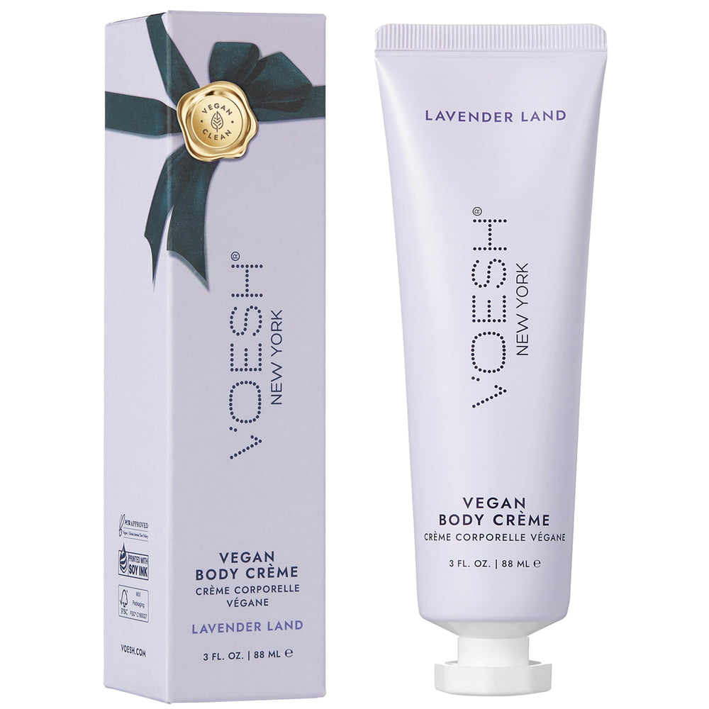 VOESH crema vegana Velvet Luxe, botella-lavanda-3oz para hidratación suave de manos y cuerpo.