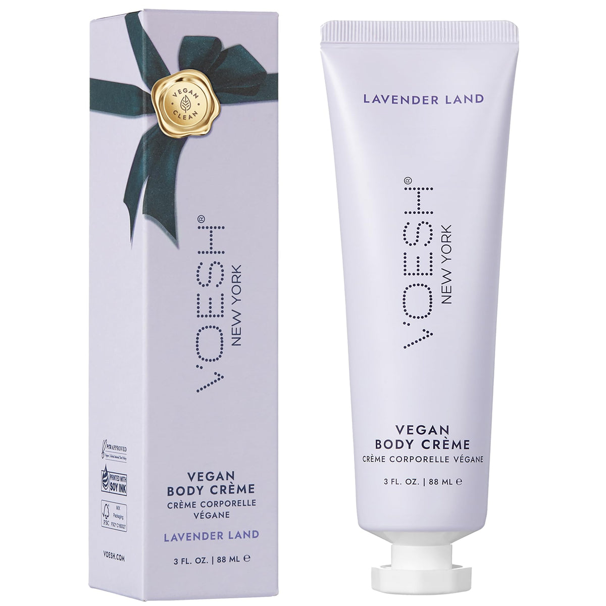 VOESH crema vegana Velvet Luxe, botella-lavanda-3oz para hidratación suave de manos y cuerpo.