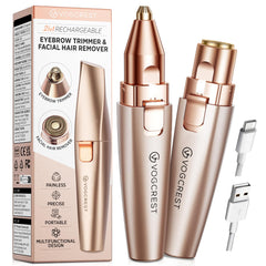 VG VOGCREST 2en1 recortador para cejas y rostro con acabado suave en rosado-oro.