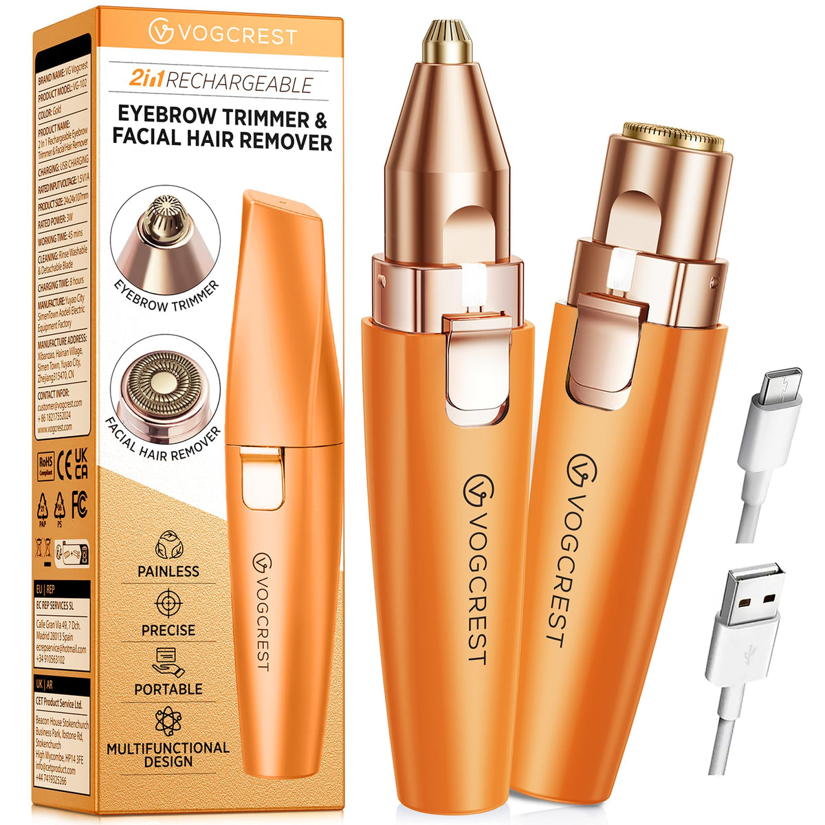 VG VOGCREST recortador cejas 2 en 1 con luz LED para acabado preciso.