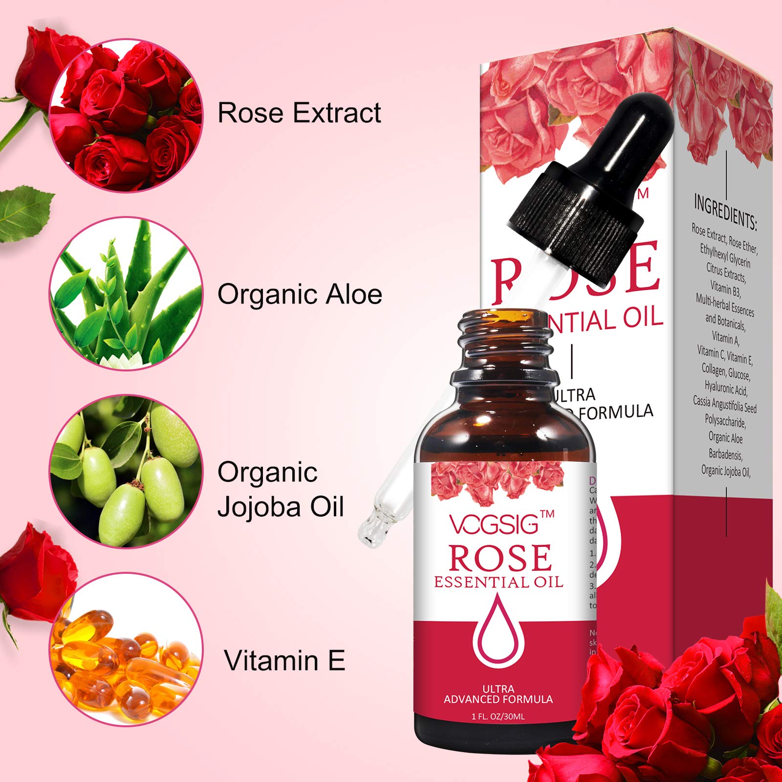 VOGSIG Aceite Esencial de Rosa 30ml, aplicación en piel para hidratación suave