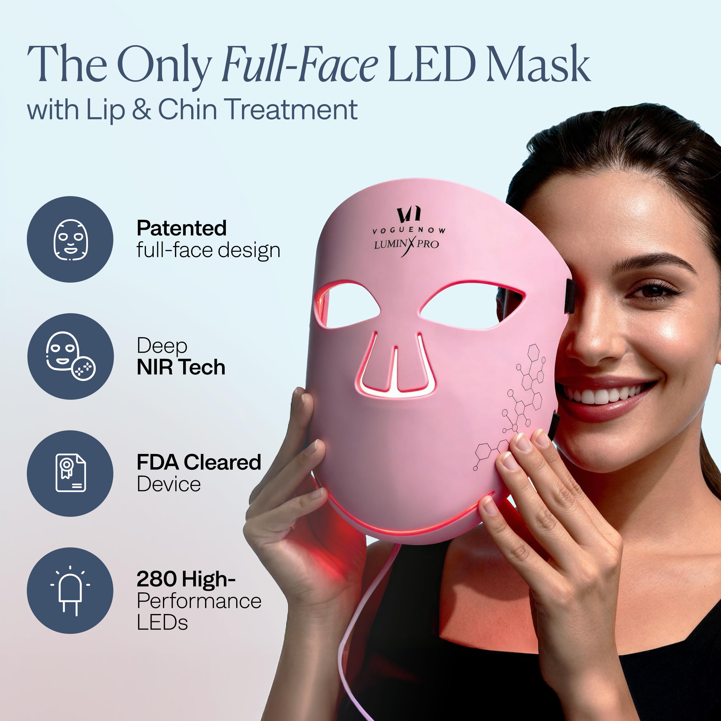 VogueNow LuminX Pro, cobertura de labios iluminada para piel suave y uniforme.