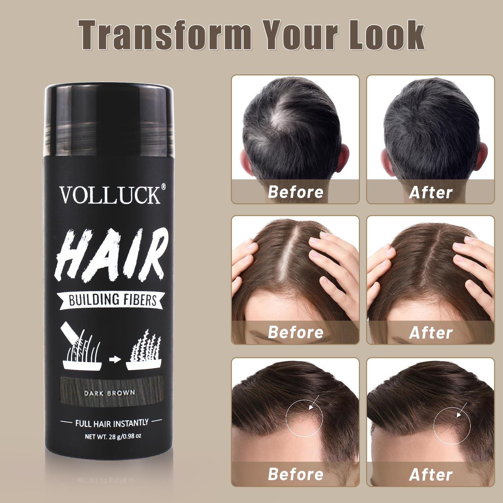 VOLLUCK aplica de forma rápida para un look natural con fibras capilares.