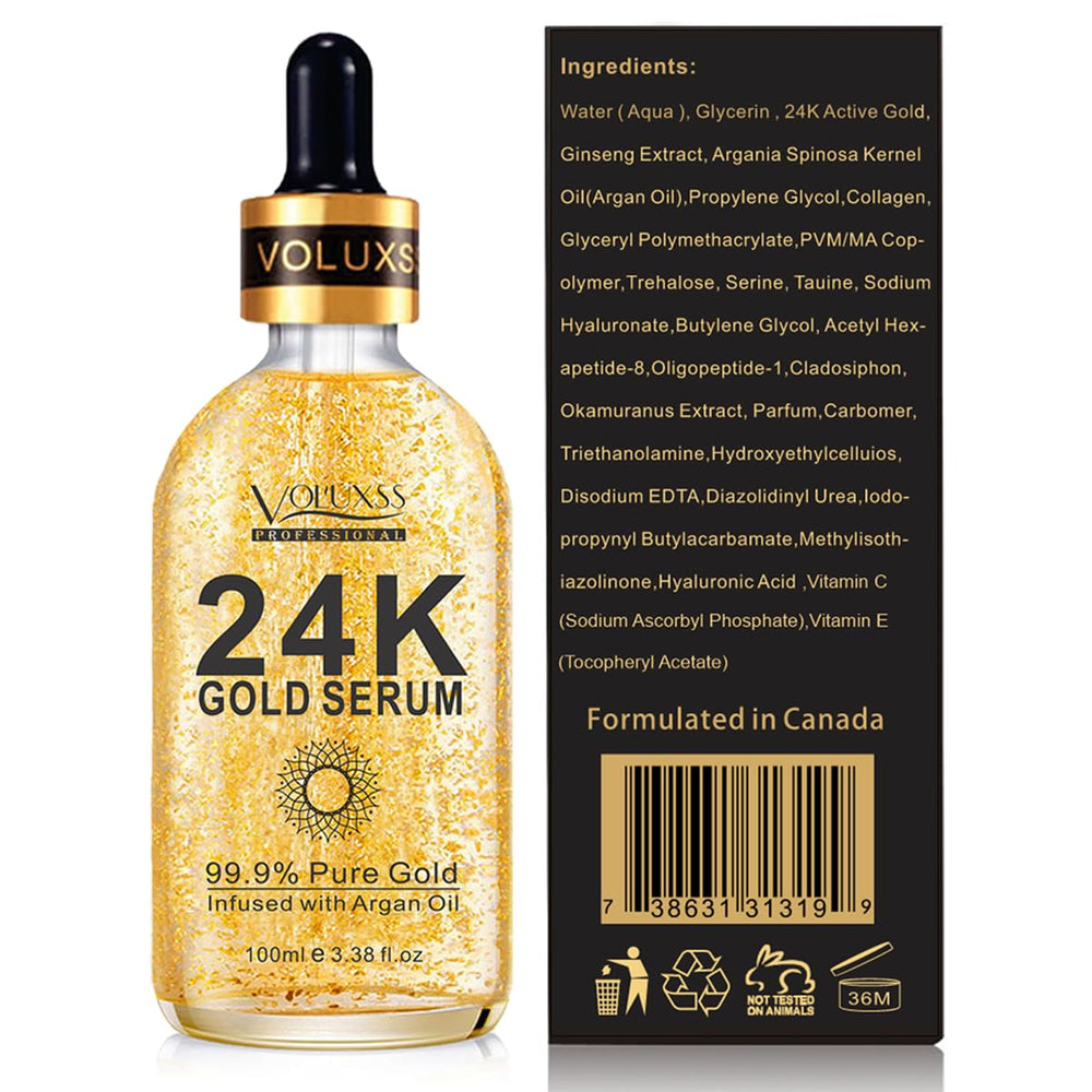 Voluxss 24K suero de oro con argán e ácido hialurónico para hidratación.