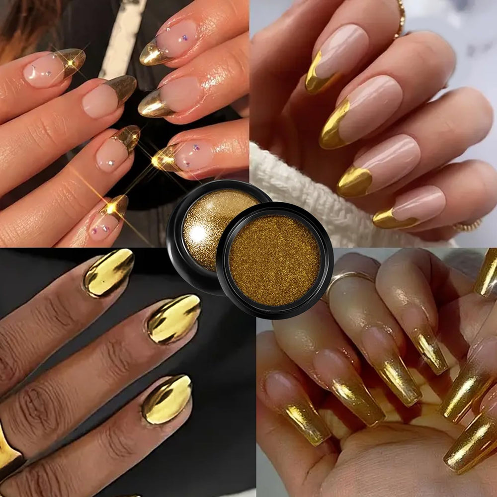 Uñas con efecto espejo dorado usando Vonrui para un look glamoroso.