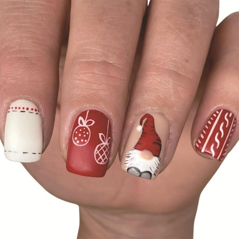 Uñas postizas Vopintpy Gnome navideño, acabado mate para fiestas y uso diario.