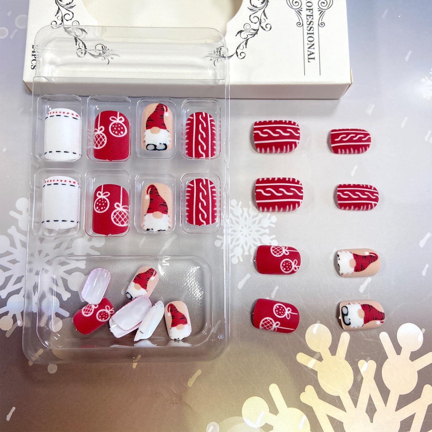 Uñas postizas Vopintpy 24 piezas, gnomos navideños, reutilizables para manicura.