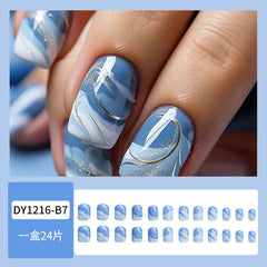 Vopintpy uñas postizas cortas cuadradas con diseño azul-blanco estilo moderno.