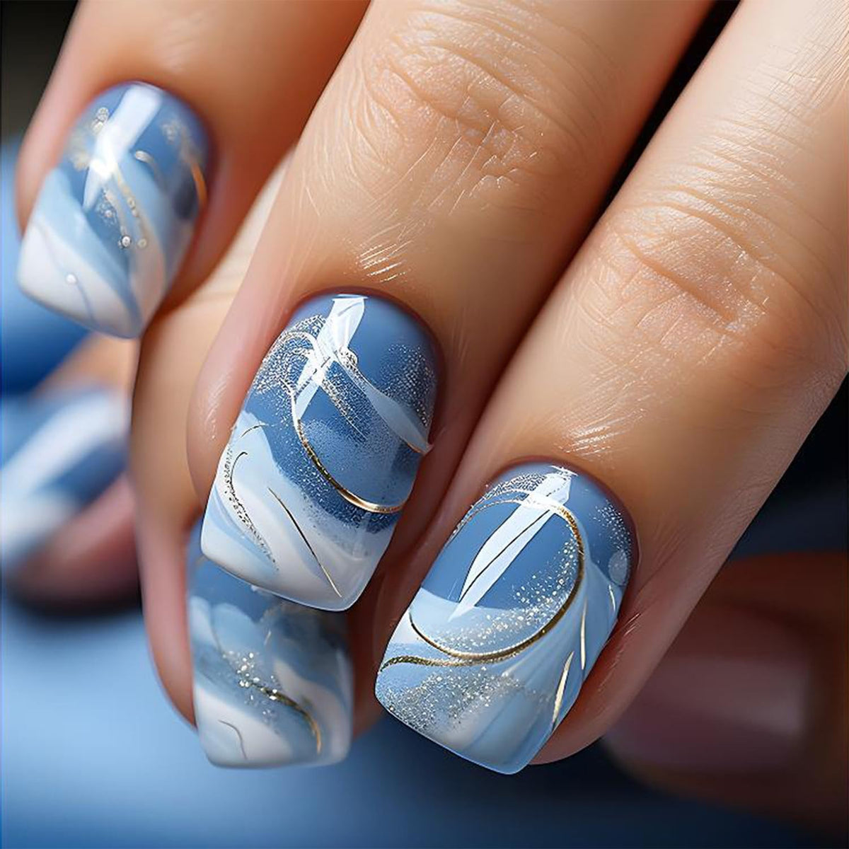 Vopintpy uñas postizas degradado azul-blanco con brillo ideal para ocasiones especiales.