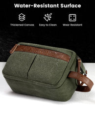 Vorspack bolsa de aseo de lona apertura amplia y mango de cuero reforzado.