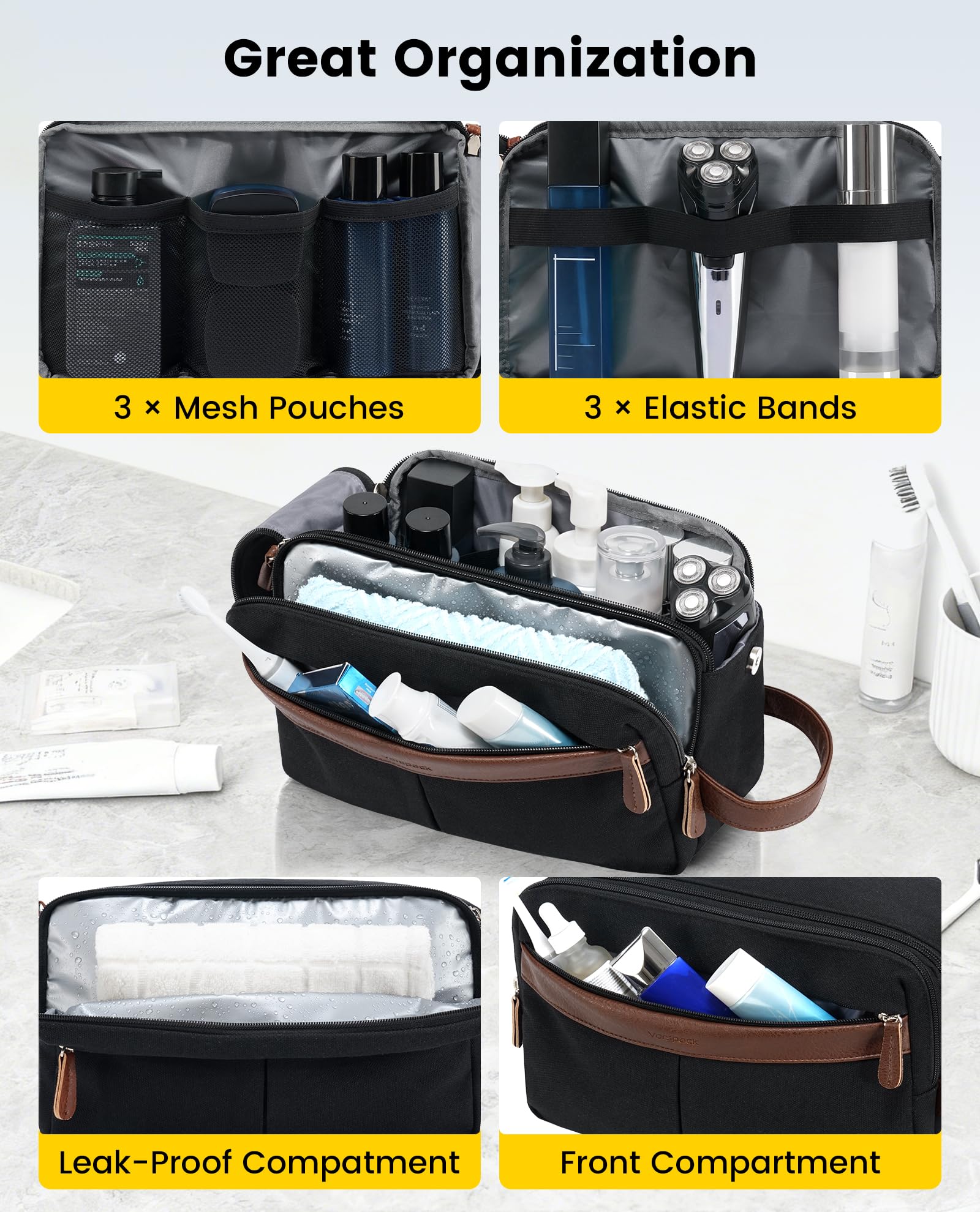 Vorspack bolso de aseo canvas grande, compartimento húmedo para toallas o derrames.
