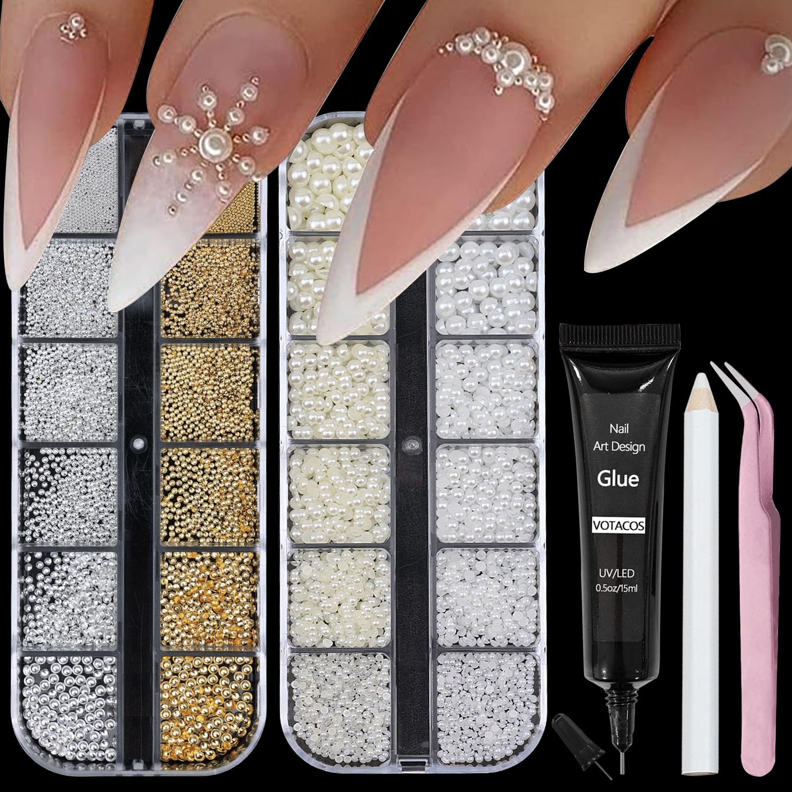VOTACOS perlas para uñas, dos estilos, ideal para diseños variados.