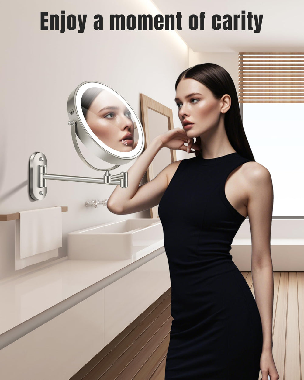 Rotación de 360° y brazo extensible para maquillaje, afeitado o lentes de contacto.