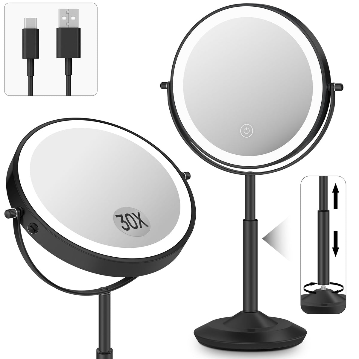 Espejo vpu con doble cara 1x y 30x para maquillaje detallado.