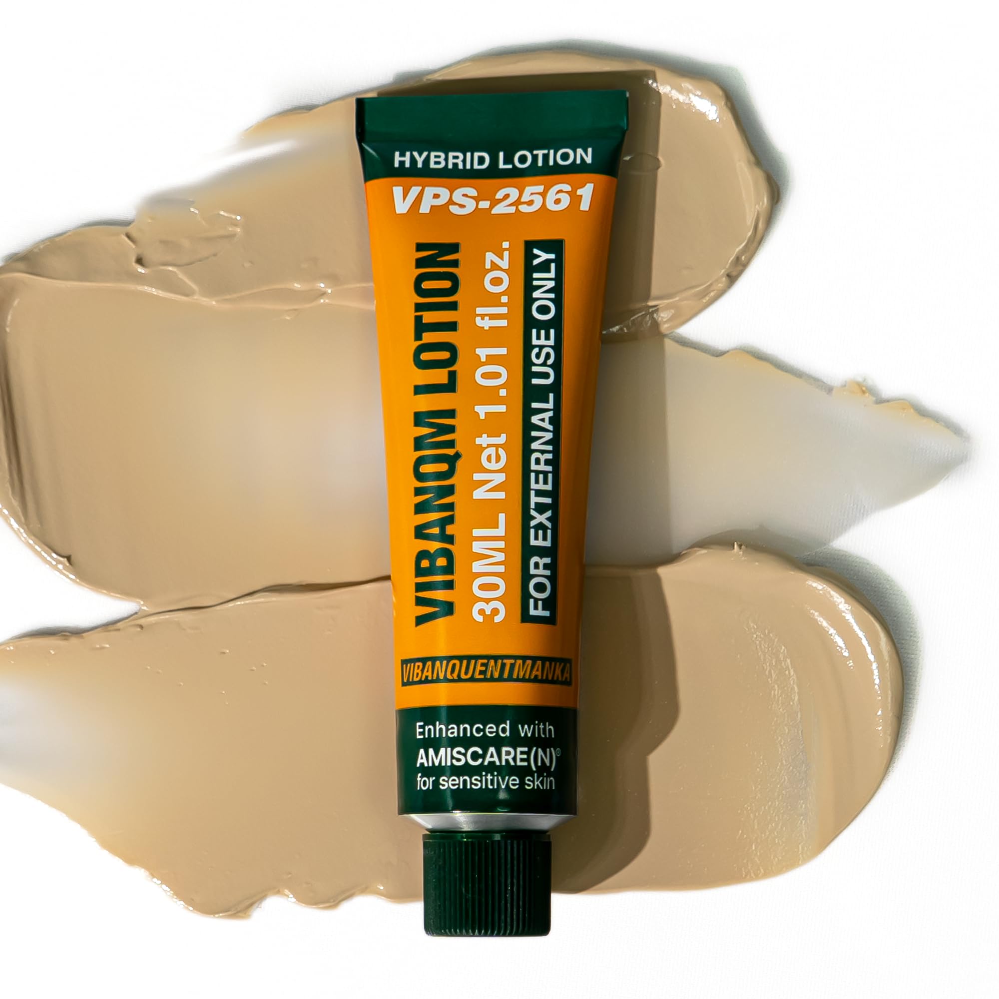 Soin VQM VIBANQUENTMANKA – bouteille et crème beige, hydratation rapide pour peau sensible.