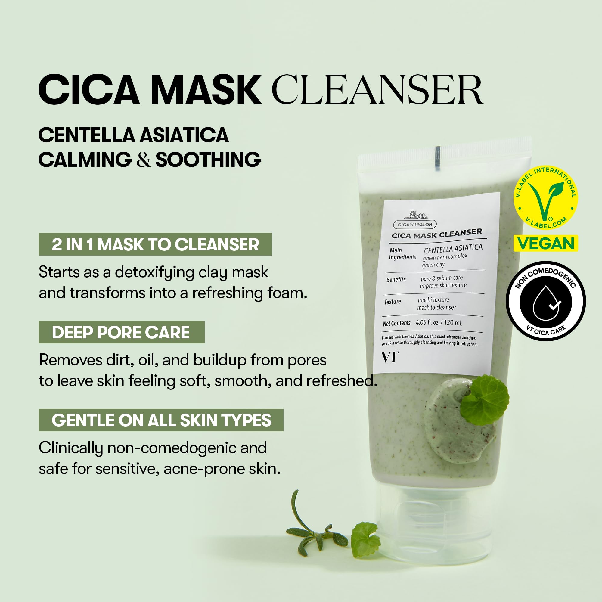 VT COSMETICS CICA Mask Cleanser: espuma diaria limpia sin resequedad.