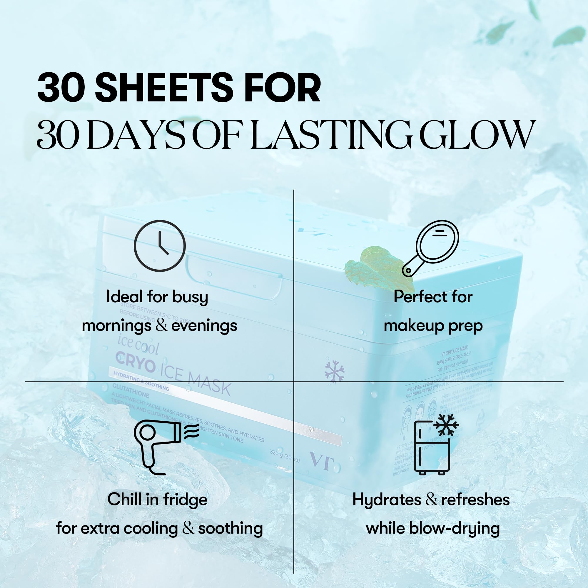 VT COSMETICS Cryo Ice Mask 30 días de rutina para brillo y frescura.
