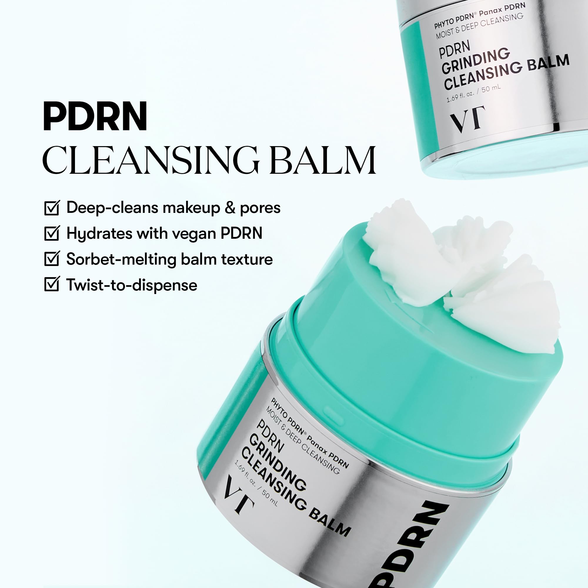 VT COSMETICS PDRN Grinding Cleansing Balm, textura sorbet que se transforma en leche para limpiar