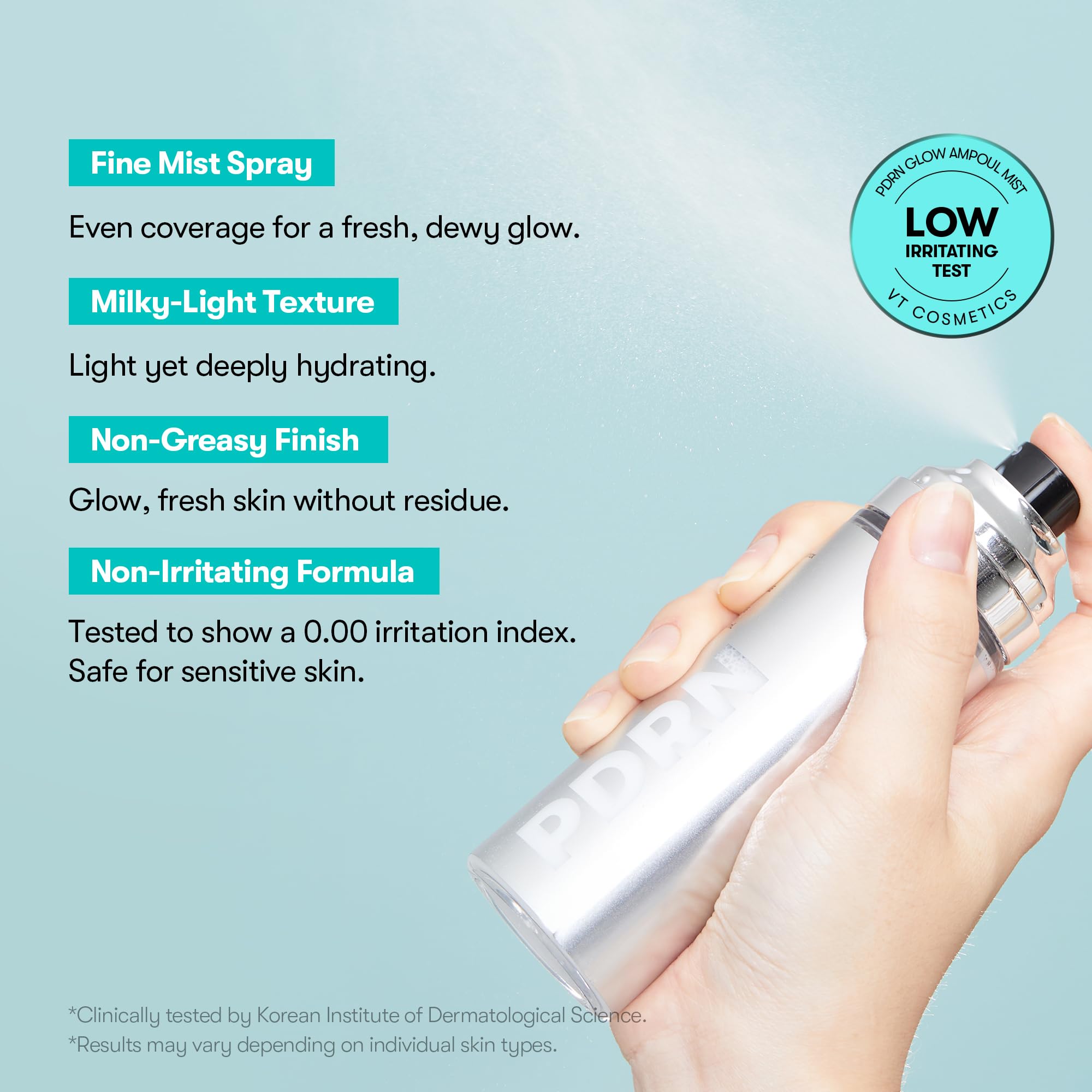 VT COSMETICS PDRN Glow Ampoule, fórmula sin fragancia apta para piel sensible.