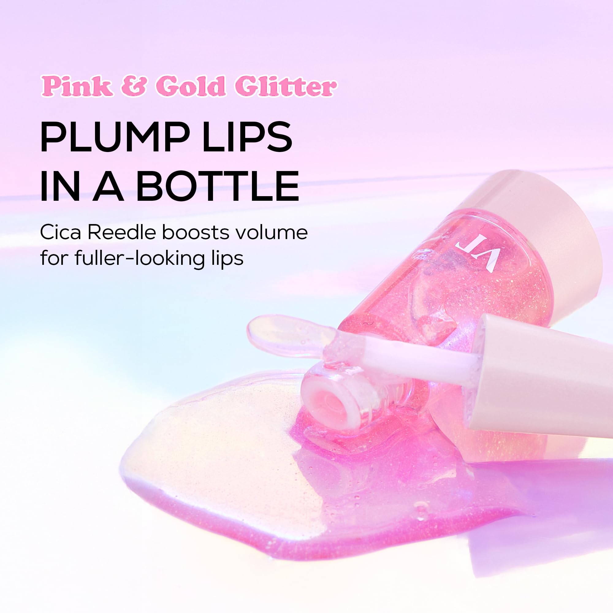 VT COSMETICS Reedle Shot Lip Plumper Twinkle glitter wet-look swatch demonstrates instant gloss and sparkle.
