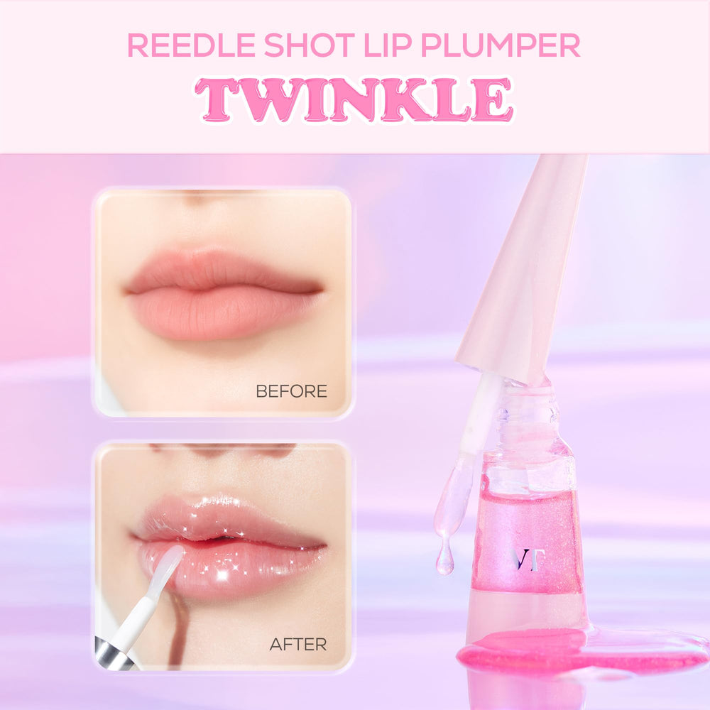 VT COSMETICS Reedle Shot Lip Plumper Twinkle gloss closeup emphasizes non-sticky, high-shine finish.