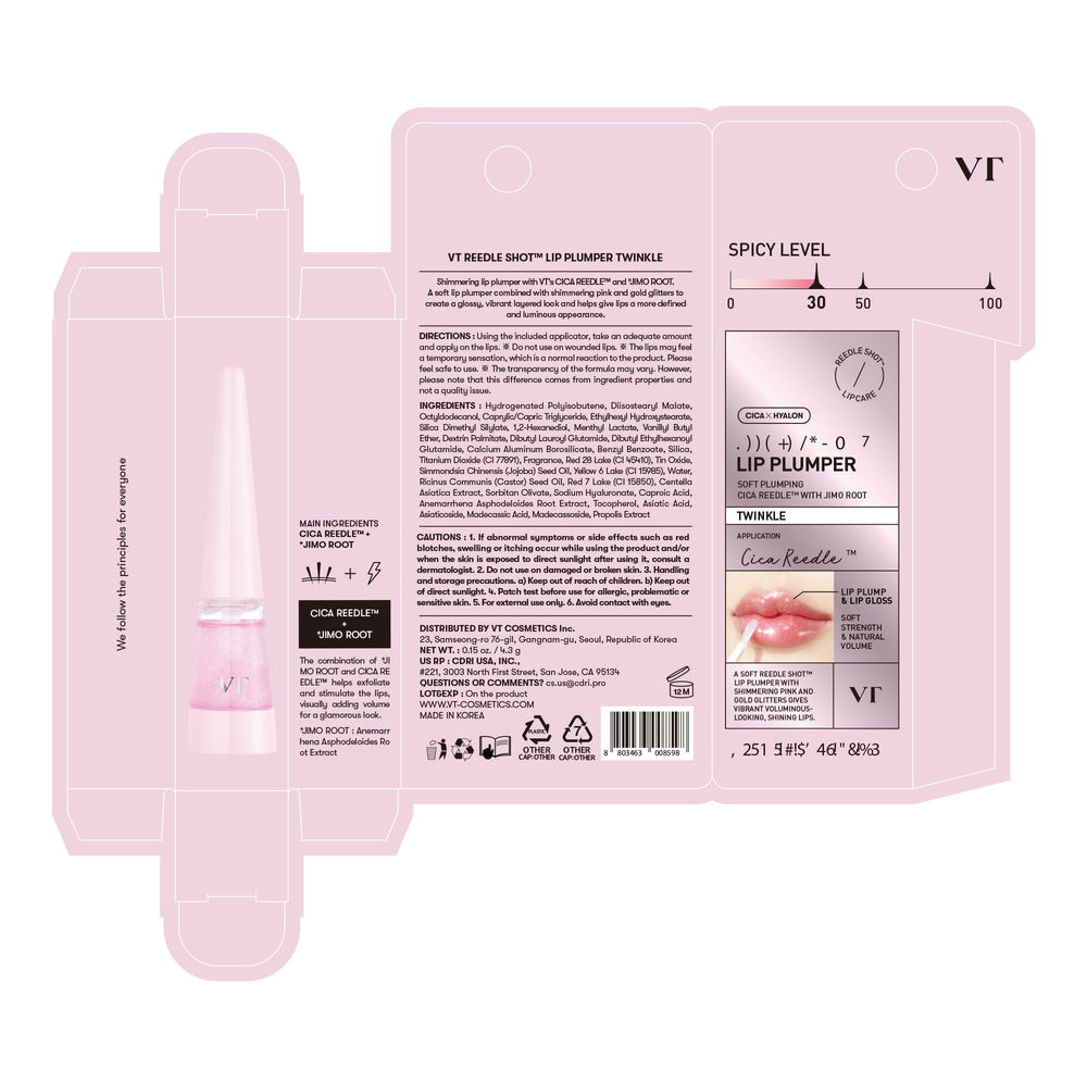 VT COSMETICS Reedle Shot Lip Plumper Twinkle high-shine glitter adds glam for evenings.