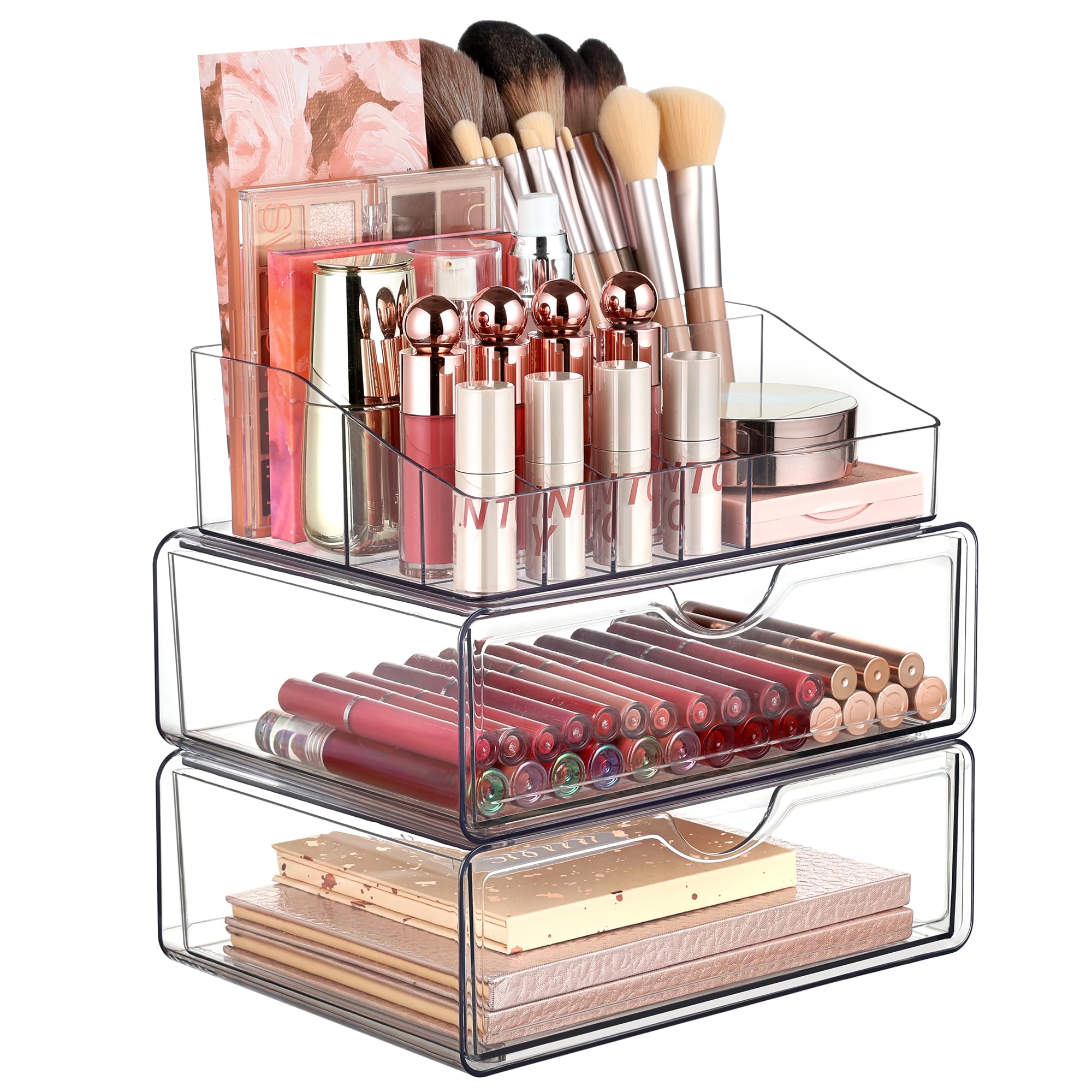 Vtopmart organizador de maquillaje de 3 niveles con transparencia facilita encontrar productos.