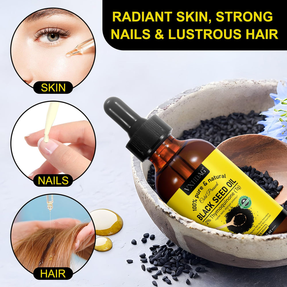 VXHDAG frasco vidrio 60 ml aceite negro virgen para piel y cabello.