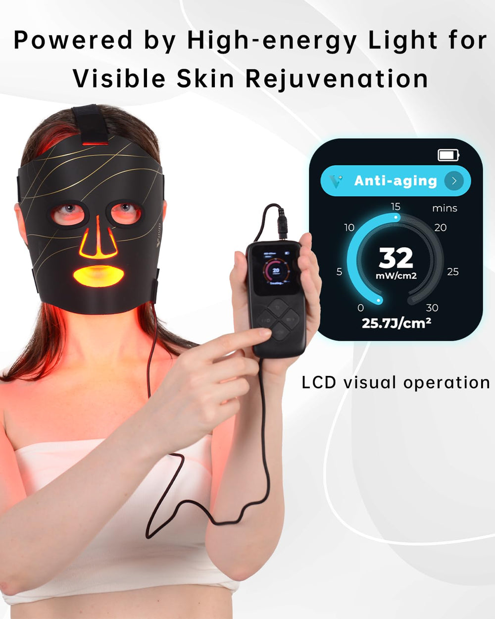 La máscara VYM utiliza luz infrarroja 830 nm y roja 633 nm para el cuidado facial.