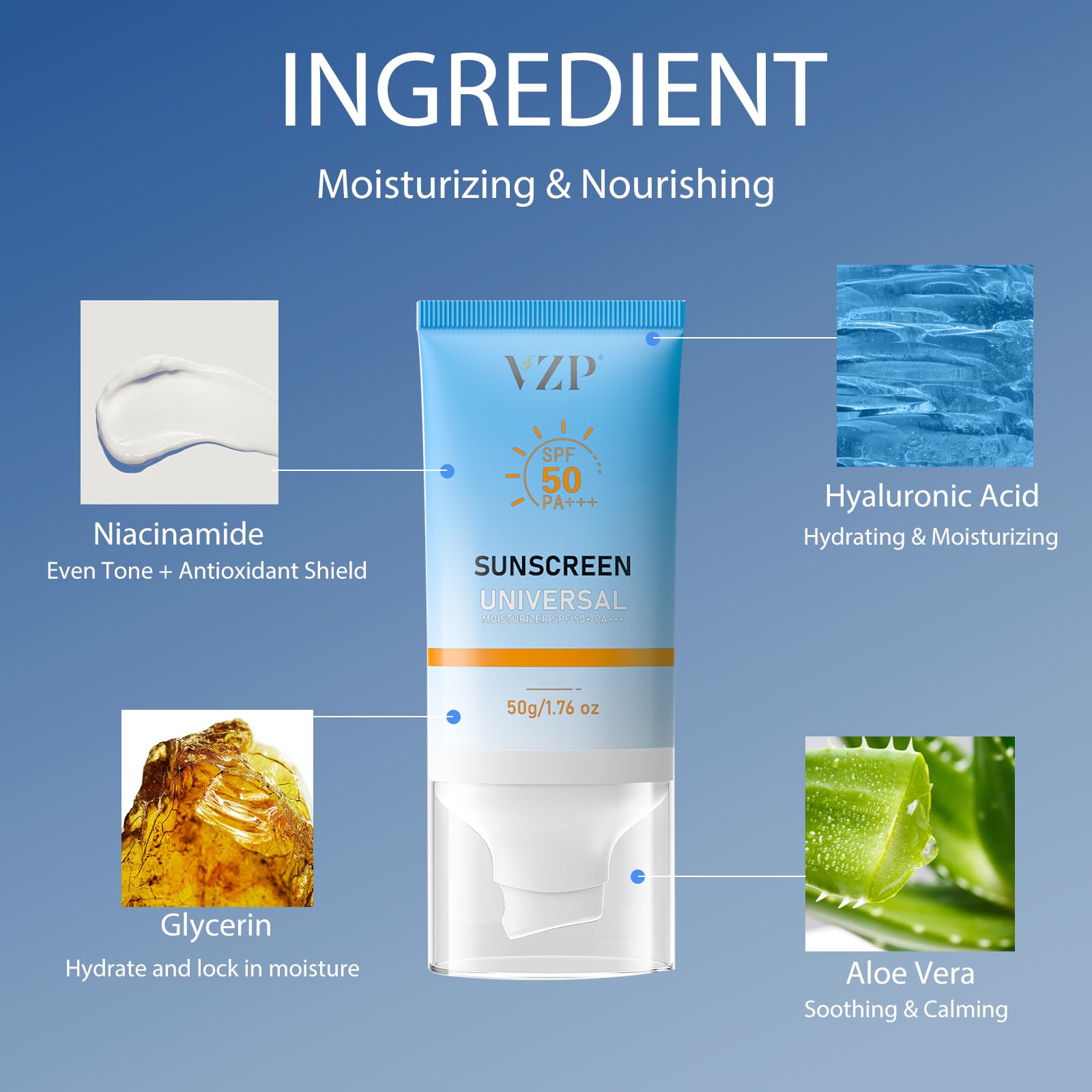 Protector solar facial de VZP, hidratante para piel suave.