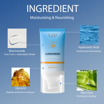 Protector solar facial de VZP, hidratante para piel suave.